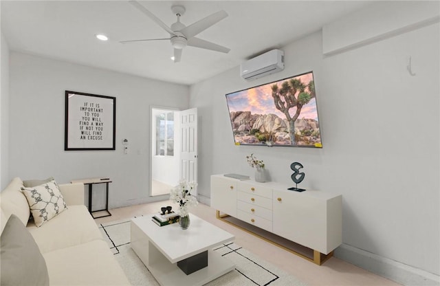 living room with ceiling fan, light carpet, and a wall mounted air conditioner