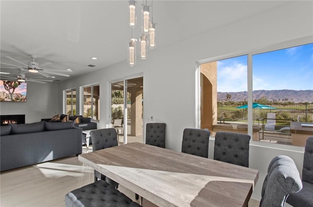 dining area featuring a mountain view, ceiling fan, and hardwood / wood-style flooring