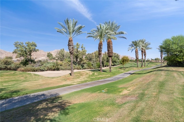 surrounding community with a lawn and a mountain view