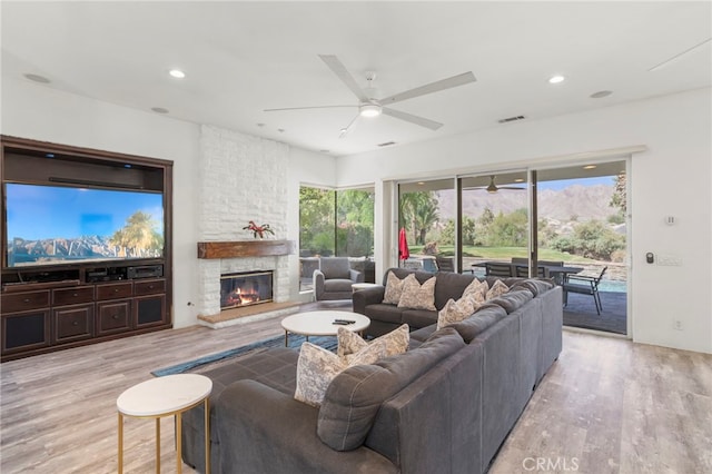 living room with light hardwood / wood-style flooring, plenty of natural light, and a stone fireplace