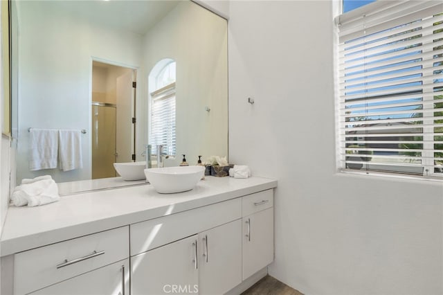 bathroom featuring an enclosed shower, vanity, and a wealth of natural light