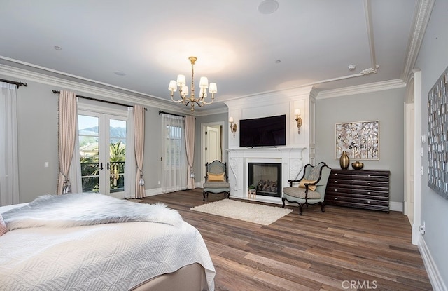 bedroom featuring french doors, access to exterior, crown molding, a notable chandelier, and dark hardwood / wood-style floors