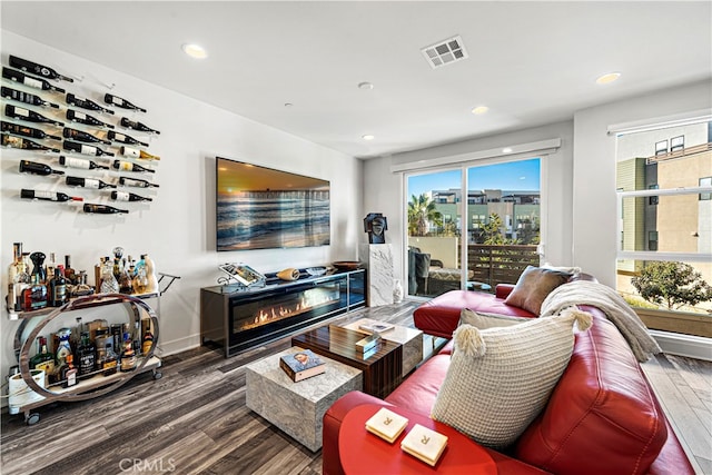 living room with dark hardwood / wood-style flooring