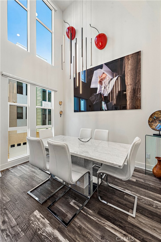 dining room featuring a high ceiling and dark hardwood / wood-style flooring