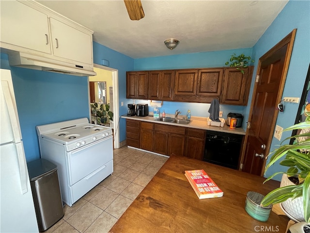 kitchen featuring white appliances, ceiling fan, light tile patterned flooring, and sink