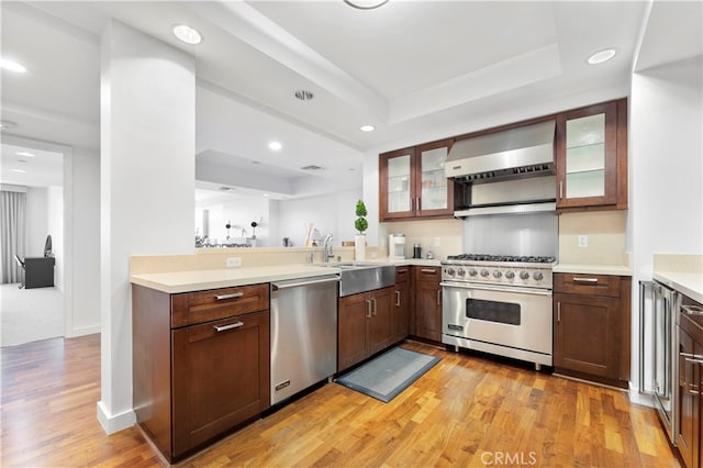 kitchen with light hardwood / wood-style floors, tasteful backsplash, sink, ventilation hood, and appliances with stainless steel finishes