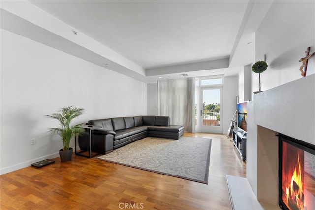 living room featuring a tray ceiling and light hardwood / wood-style flooring