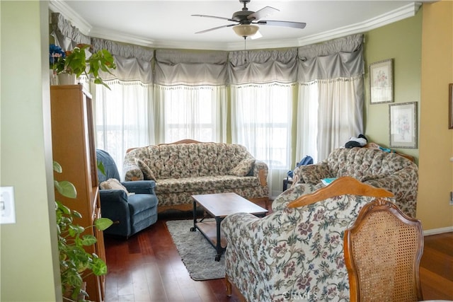 interior space with ceiling fan, crown molding, and dark hardwood / wood-style flooring