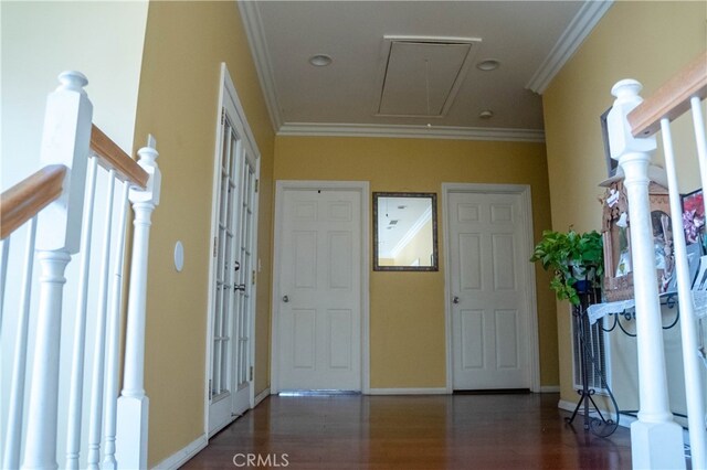 foyer featuring ornamental molding and dark hardwood / wood-style floors