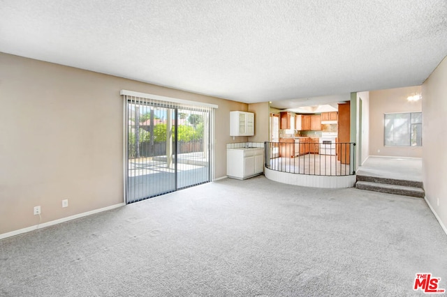 unfurnished living room featuring a textured ceiling and light colored carpet