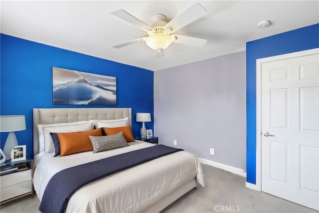 bedroom featuring concrete floors and ceiling fan