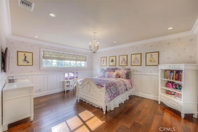 bedroom featuring a notable chandelier, crown molding, and dark wood-type flooring