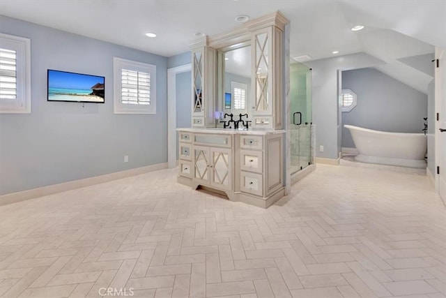 bathroom with separate shower and tub, parquet flooring, and vanity