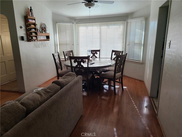 dining space featuring ceiling fan and dark wood-type flooring