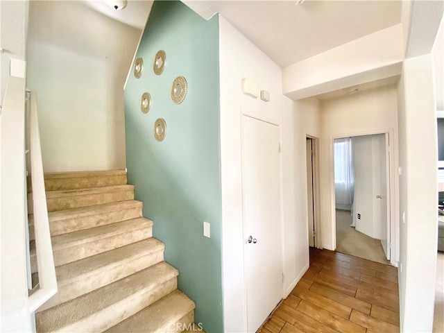 stairway with hardwood / wood-style floors