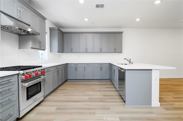 kitchen with gray cabinets, stainless steel appliances, and light wood-type flooring