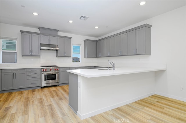 kitchen with premium range, kitchen peninsula, gray cabinets, light wood-type flooring, and sink