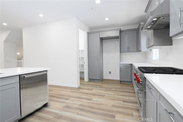 kitchen featuring gray cabinets, light wood-type flooring, extractor fan, and stainless steel appliances