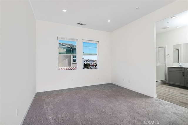 unfurnished room with light carpet and sink