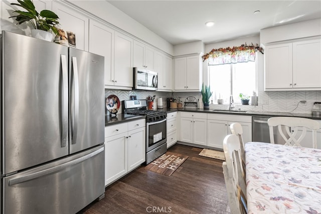 kitchen with white cabinets, sink, tasteful backsplash, stainless steel appliances, and dark hardwood / wood-style flooring