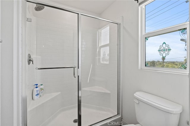 bathroom featuring a wealth of natural light, walk in shower, and toilet