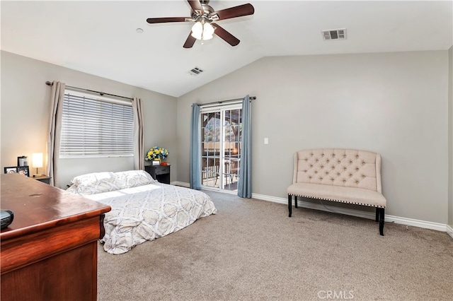 carpeted bedroom featuring vaulted ceiling, ceiling fan, and access to exterior