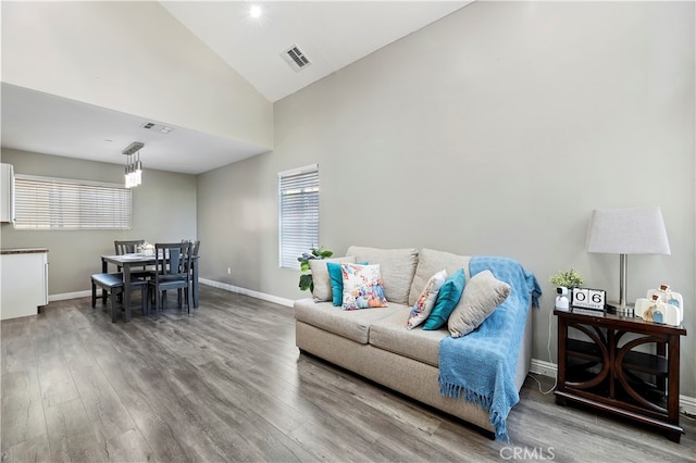 living room featuring high vaulted ceiling and wood-type flooring