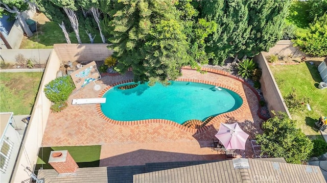 view of swimming pool featuring a diving board and a patio area