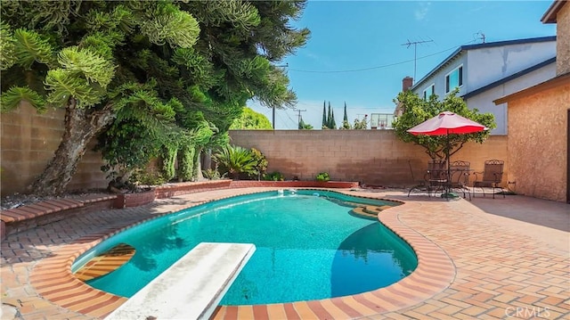 view of pool with a patio area and a diving board