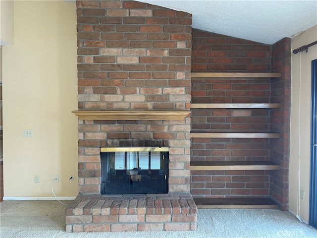 room details with a brick fireplace, a textured ceiling, and carpet floors