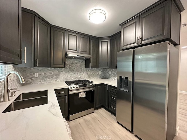 kitchen with light stone countertops, sink, stainless steel appliances, light hardwood / wood-style flooring, and backsplash