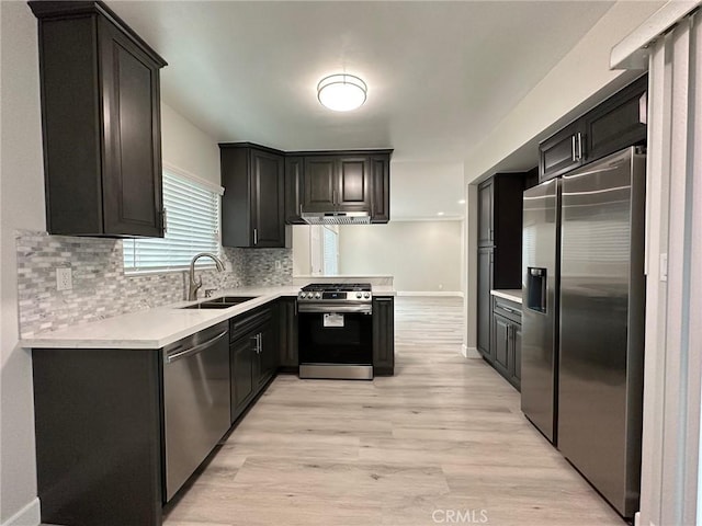 kitchen featuring light wood-type flooring, stainless steel appliances, tasteful backsplash, and sink