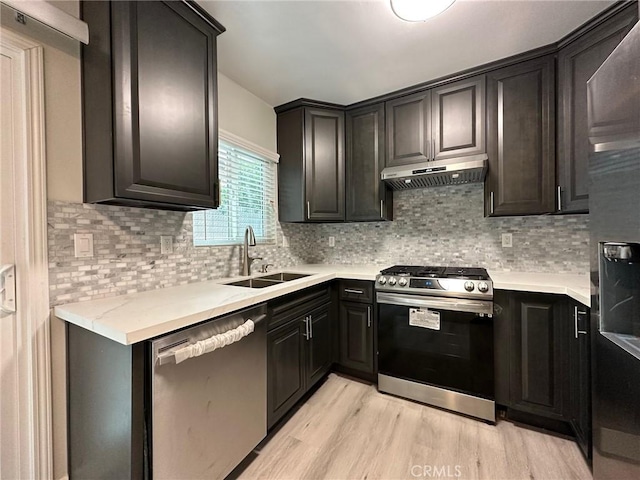 kitchen featuring backsplash, sink, stainless steel appliances, and light hardwood / wood-style floors