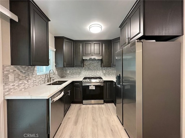 kitchen with sink, light hardwood / wood-style flooring, light stone countertops, tasteful backsplash, and stainless steel appliances