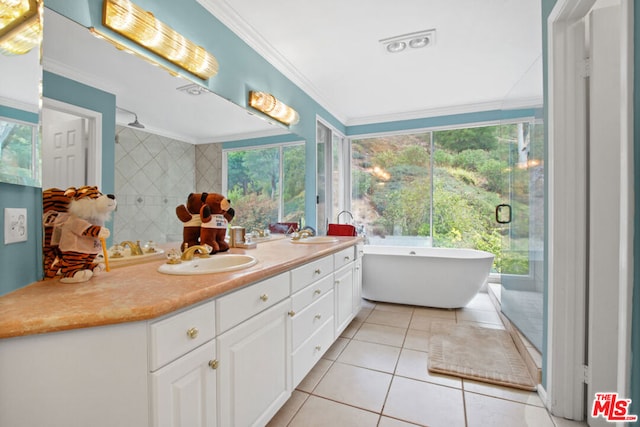 bathroom featuring tile patterned floors, a wealth of natural light, and a washtub