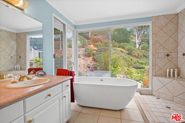 bathroom with tile patterned floors, a tub, a wealth of natural light, and vanity