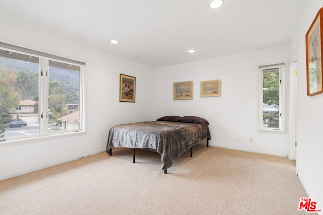 bedroom featuring light colored carpet