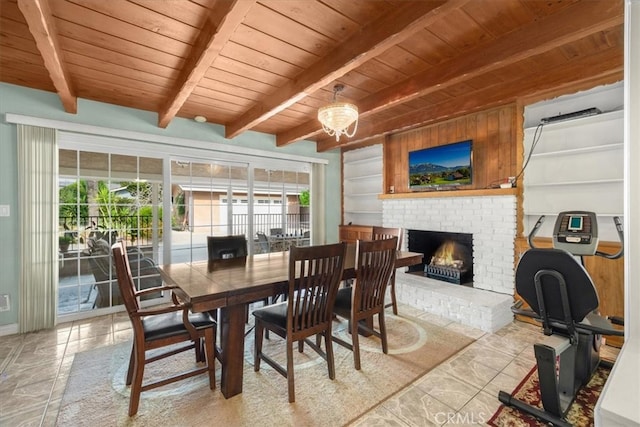 dining area with wood ceiling, beam ceiling, and a fireplace