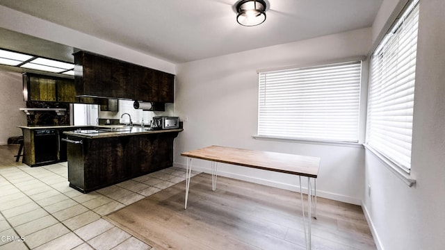 kitchen featuring light hardwood / wood-style floors, dark brown cabinets, sink, and kitchen peninsula