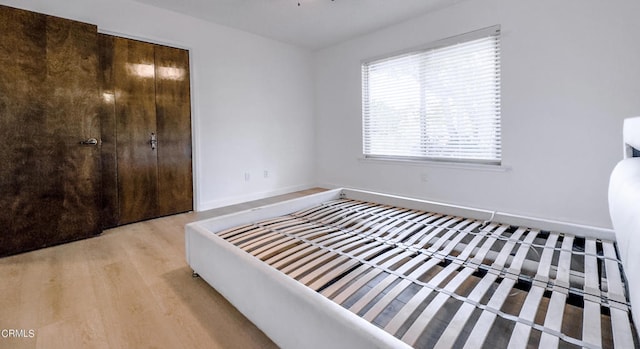 unfurnished bedroom featuring light hardwood / wood-style flooring and a closet