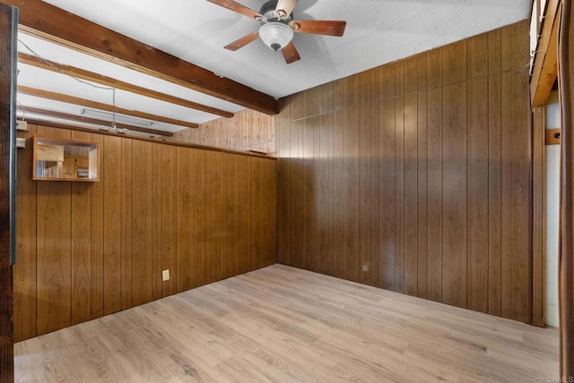 empty room with beam ceiling, ceiling fan, wood walls, and hardwood / wood-style flooring