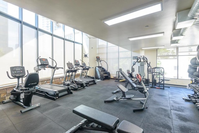 gym with a wall of windows