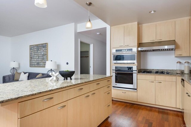 kitchen with appliances with stainless steel finishes, light brown cabinets, and dark hardwood / wood-style floors