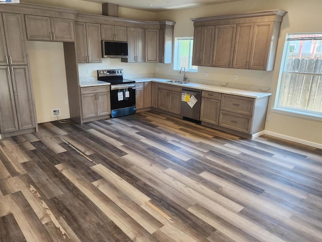 kitchen with stainless steel appliances, a wealth of natural light, dark wood-type flooring, and sink