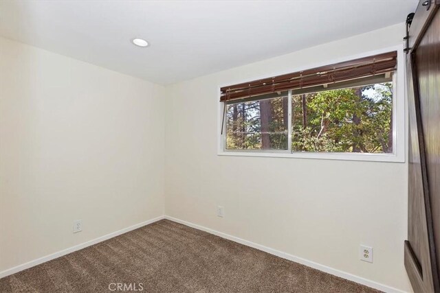 spare room featuring carpet and a barn door