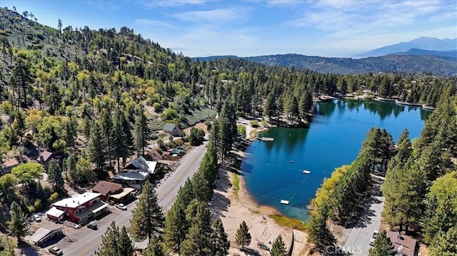 aerial view featuring a water and mountain view