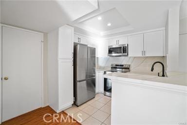 kitchen with white cabinetry, sink, stainless steel appliances, a tray ceiling, and decorative backsplash