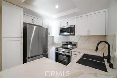 kitchen with decorative backsplash, stainless steel appliances, a raised ceiling, sink, and white cabinetry