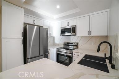 kitchen with a tray ceiling, a sink, appliances with stainless steel finishes, white cabinetry, and backsplash