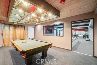 playroom featuring carpet floors, wooden ceiling, and pool table